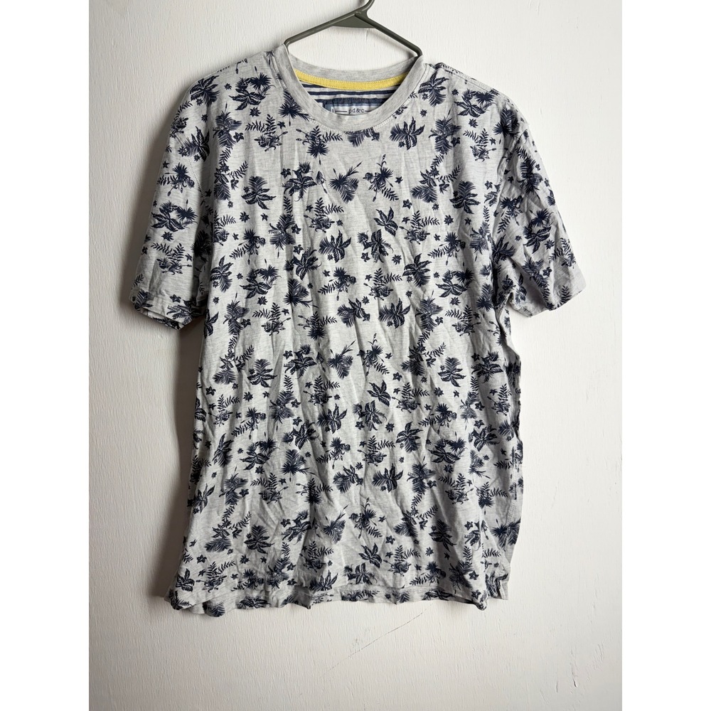 PD&C Mens XL Tropical Palm Floral Print T-Shirt Gray Navy Blue Short Sleeve Tee
